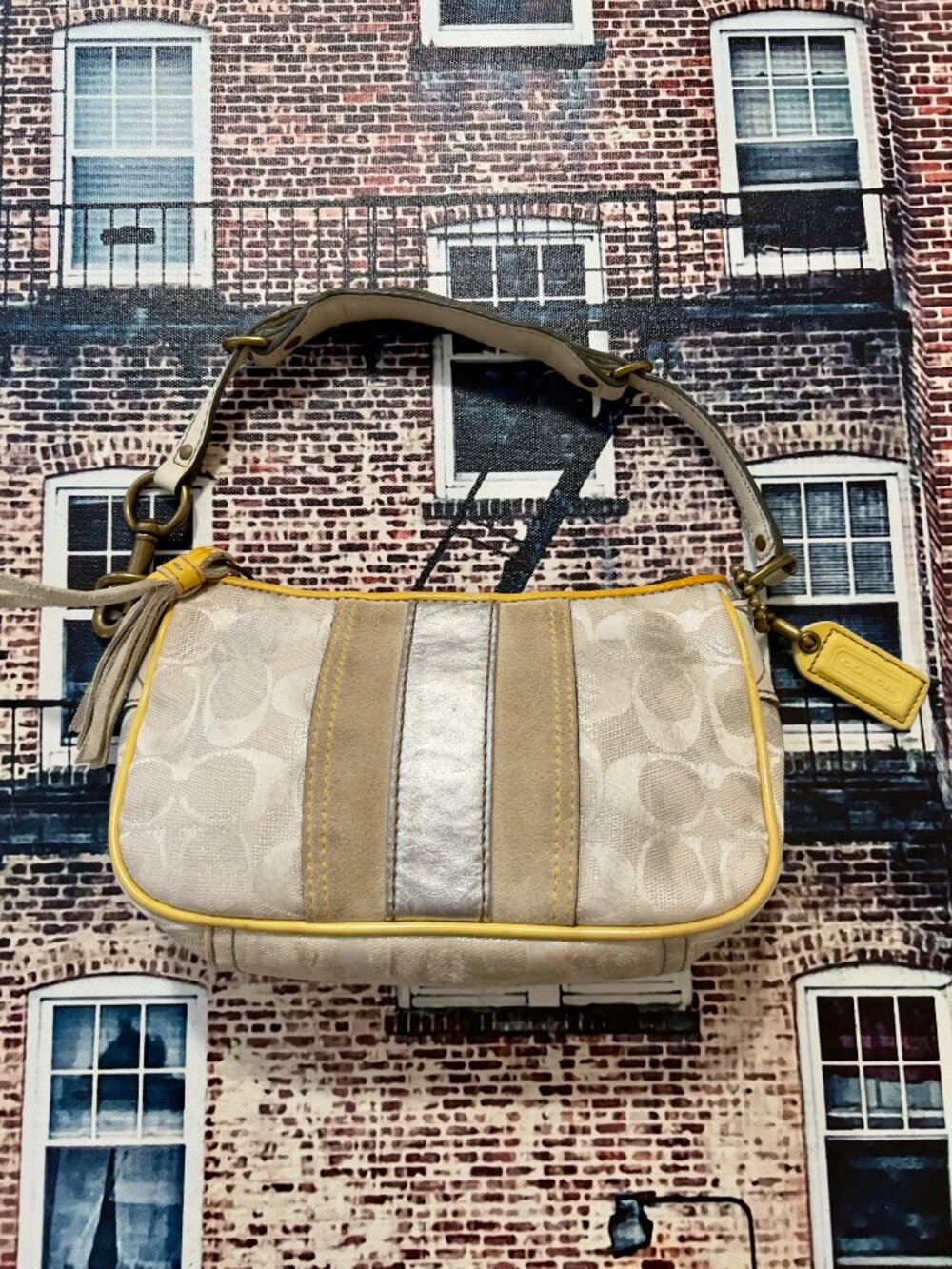 Y2K Coach Signature Sufflette Demi Bag (Style 2182) in white, yellow, and silver